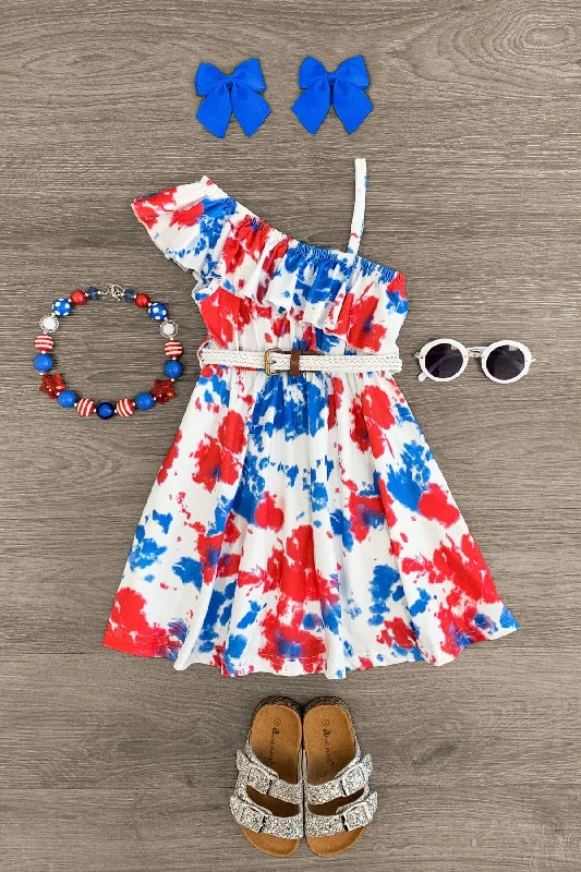 American Tie Dye Cold Shoulder Belt Dress