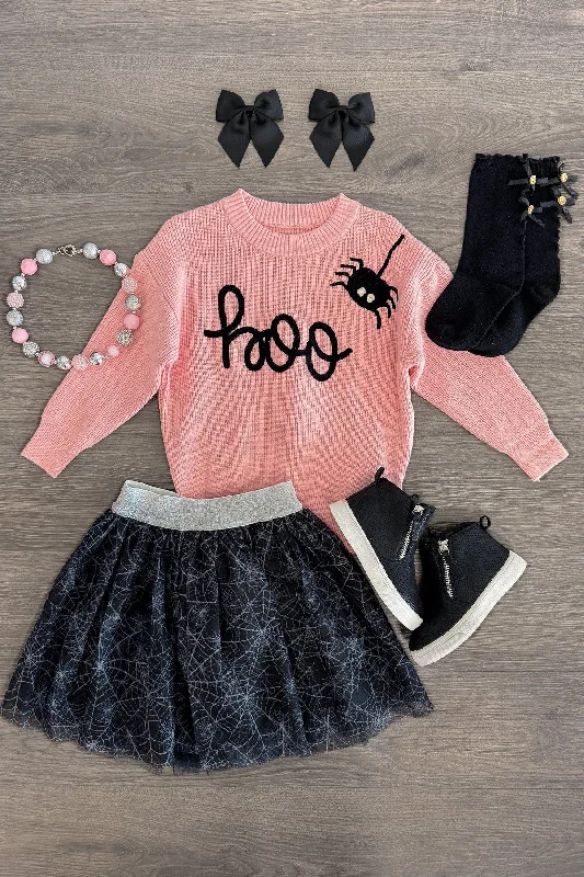 "Boo" Pink Sweater Spider Web Skirt Set