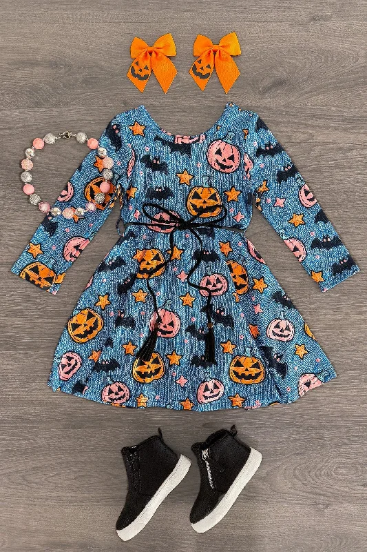 Denim Faux Embroidery Jack-O'-Lantern Dress