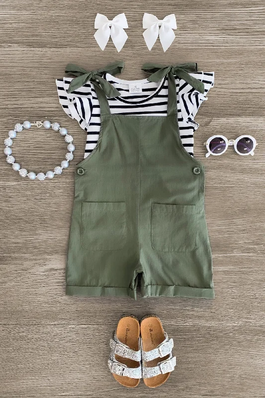 Olive Green Stripe Romper Set