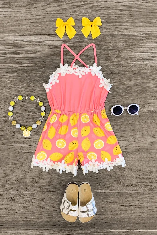 Pink Floral Lace Lemon Romper