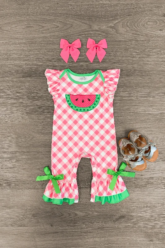 Pink Plaid Watermelon Ruffle Romper