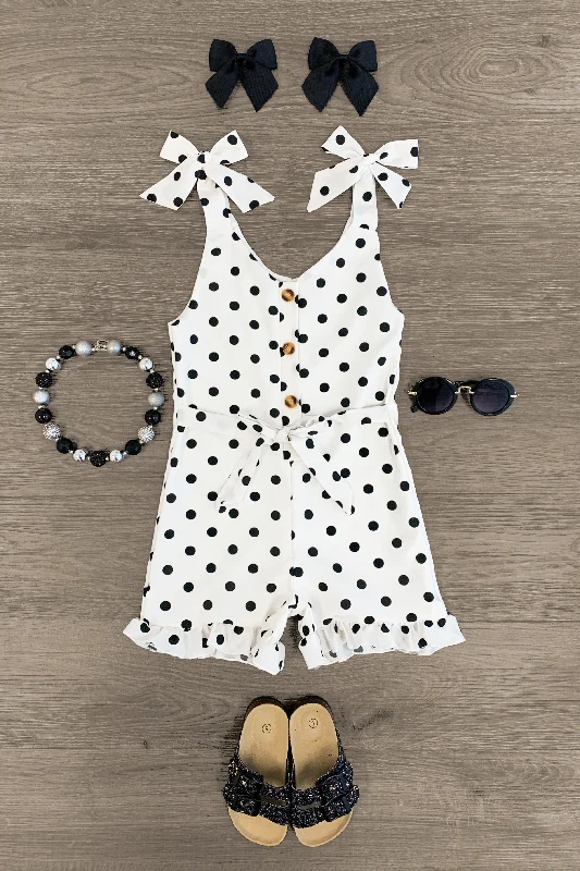 White Polka Dot Tie Shoulder Romper