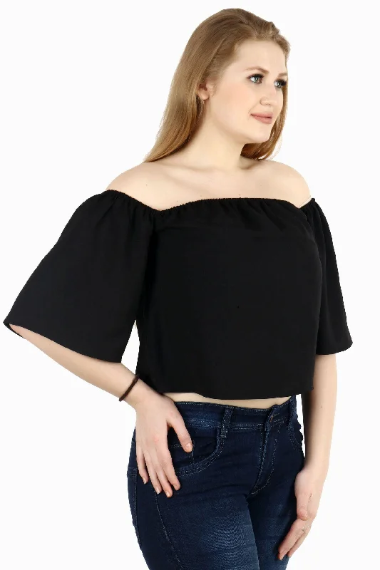 Black Solid Off Shoulder Crop Top