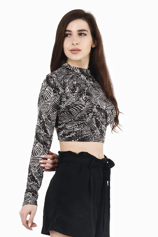 Black & White Leaves Printed Backless Tie Top