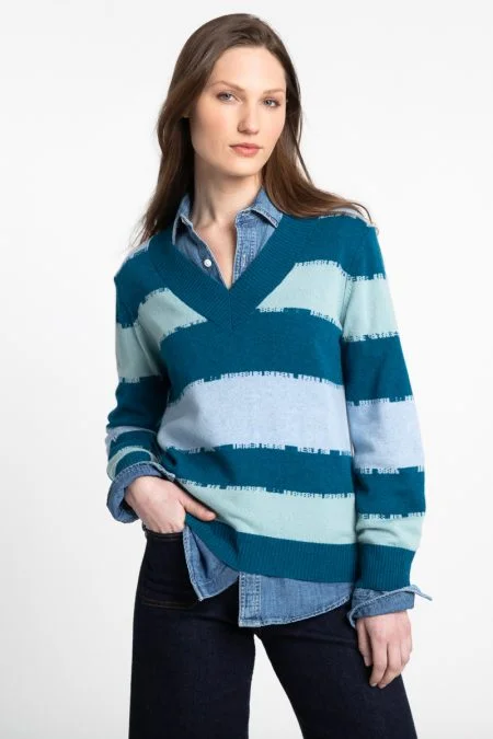 Kinross Cashmere Intarsia Stripe Vee Pullover