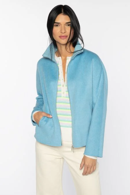 Kinross Cashmere Knit Detail Short Zip Mock Coat