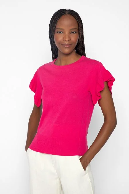 Kinross Cashmere Ruffle Sleeve Crew