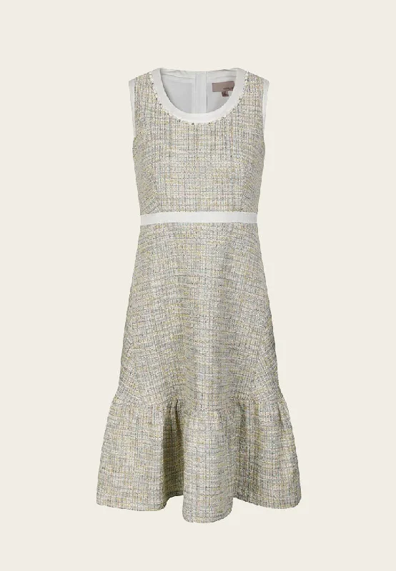 Ruffle-detailing White Lining Mix-green Tweed Dress