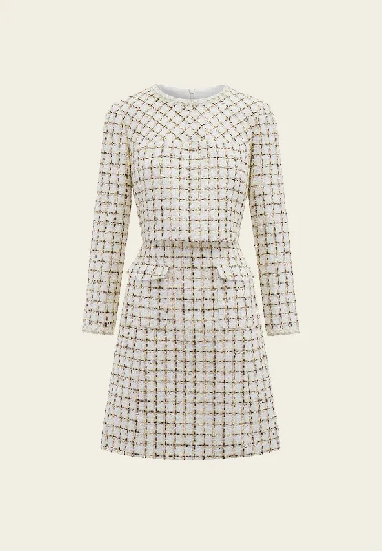 Beige Checked Fake Two Piece Tweed Dress