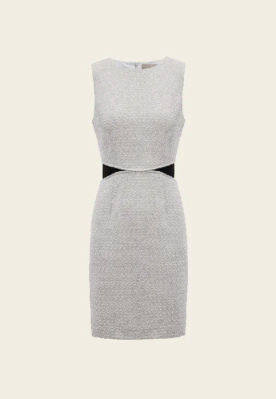 Fake Two Piece Black Detailing Sleeveless Silver Tweed Dress