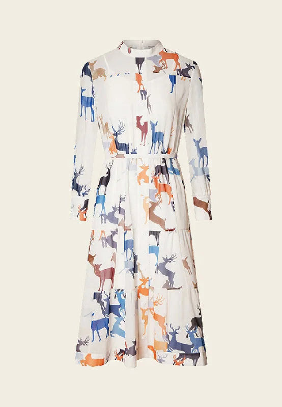 Deer Print Pussy-bow Collar Chiffon Dress