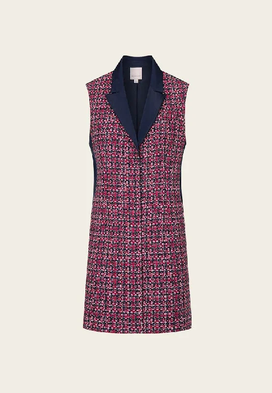 Red Tweed Snap-fastening Sleeveless Lapel Dress