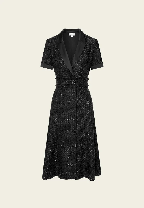 Belt-detail Black Tweed Lapel Dress