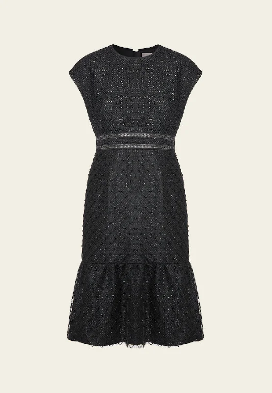 Black Cap-sleeved Embroidered Mesh Tweed Dress