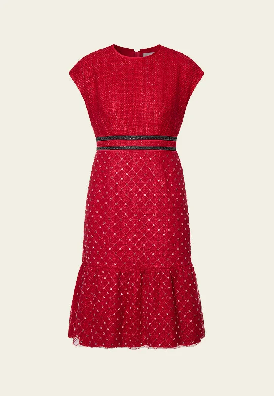 Red Cap-sleeved Embroidered Mesh Tweed Dress