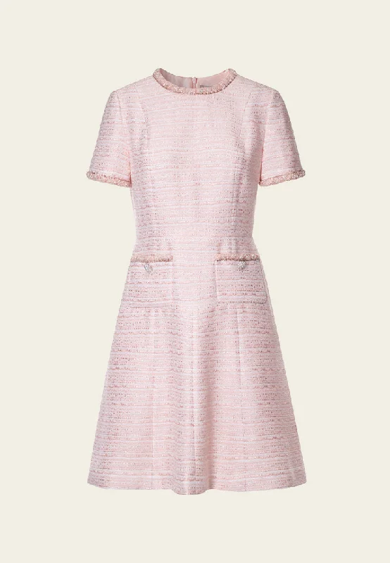 Pink Embellished Flared Tweed Dress