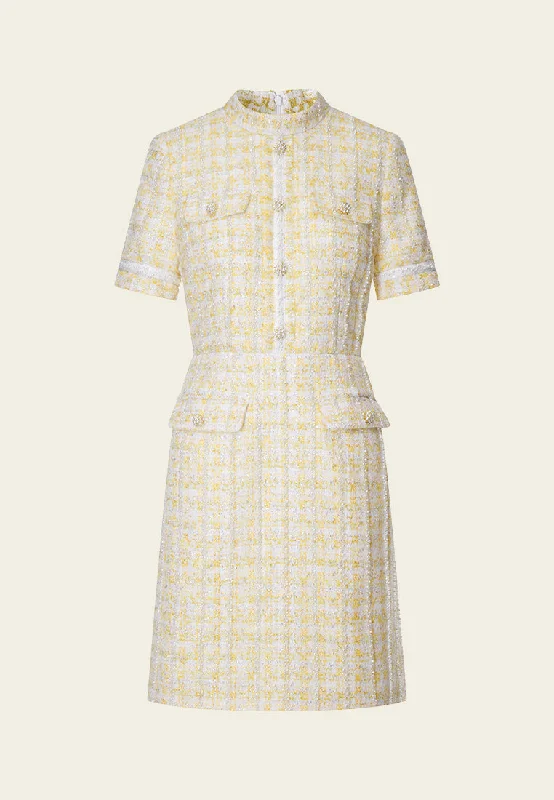 Yellow Signature Stand Collar Tweed Dress