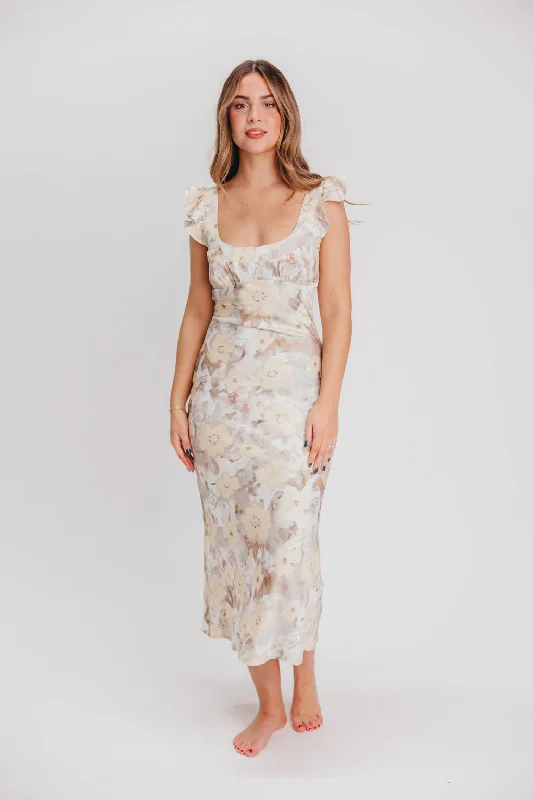 Pisa Floral Chiffon Midi Dress with Ruffle Shoulder in Champagne