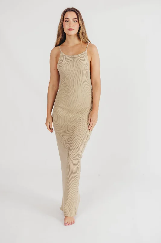 Mia Knit Maxi Dress with Boatneck Neckline in Beige