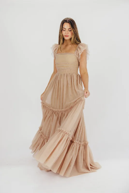 Bella Tiered Tulle Maxi Dress in Taupe - Bump Friendly & Inclusive Sizing (S-3XL)