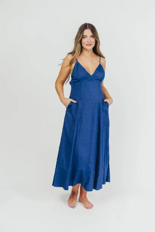 Ivy Linen-Blend Open Back Maxi Dress in Denim Blue