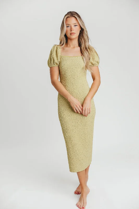 Mila Puffed Sleeve Midi Dress in Lime