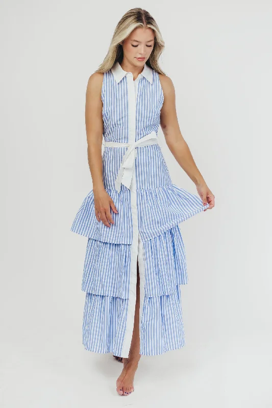 Sutton Striped Button-Down Maxi Dress with Ruffled Skirt in Blue/White