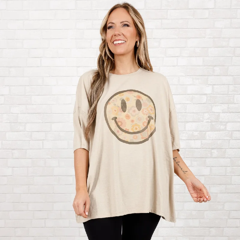 Flowers Make Me Smile Boyfriend Tee, Heather Beige