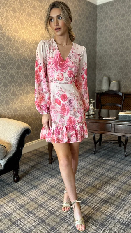 Triona Pink Floral V Neck Mini Dress