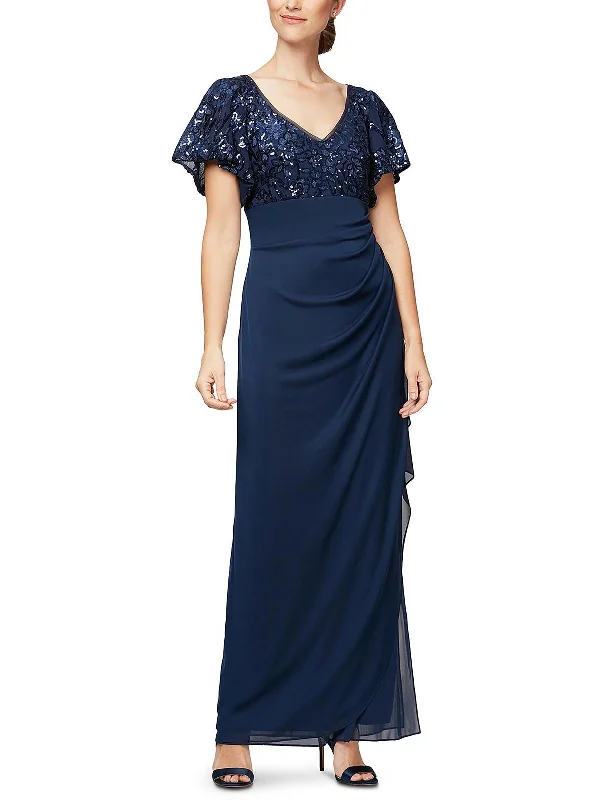 Petites Womens Embroidered Maxi Evening Dress