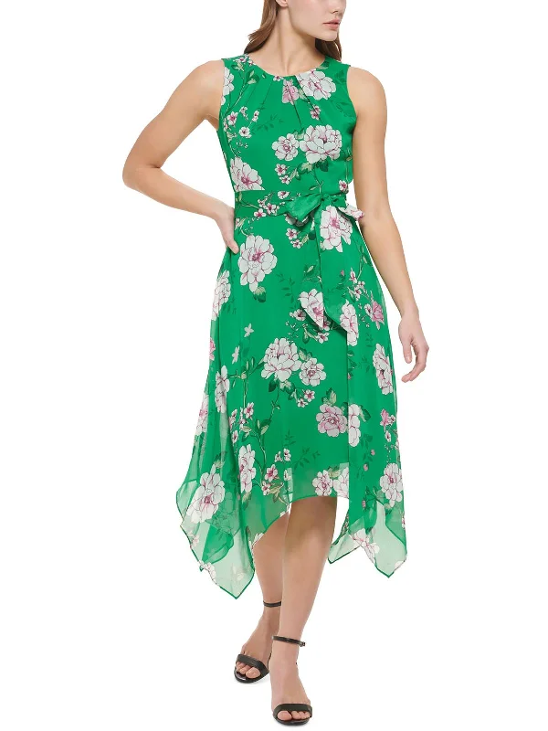 Petites Womens Floral Print Mid-Calf Midi Dress