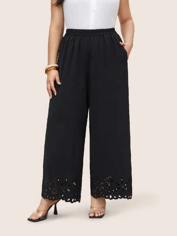 Laser Cut Elastic Waist Wide Leg Pants