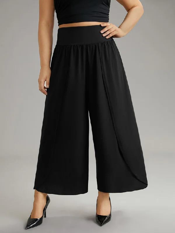 Plain Wrap Hem Wideband Waist Wide Leg Pants