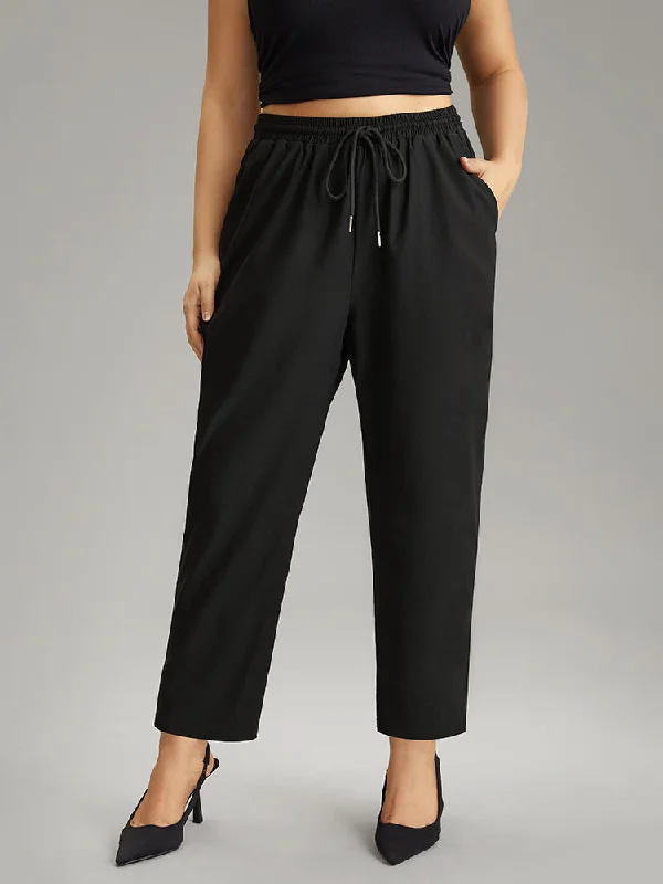 Solid Drawstring Pocket Elastic Waist Pants