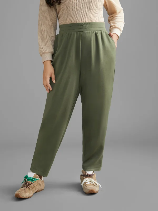 Solid Elastic Waist Mid Rise Pants