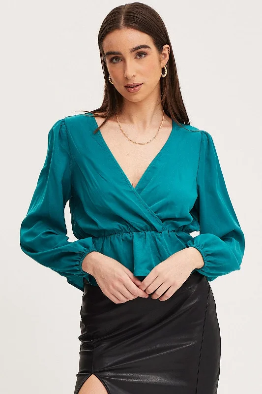 Blue Wrap Front Top Long Sleeve