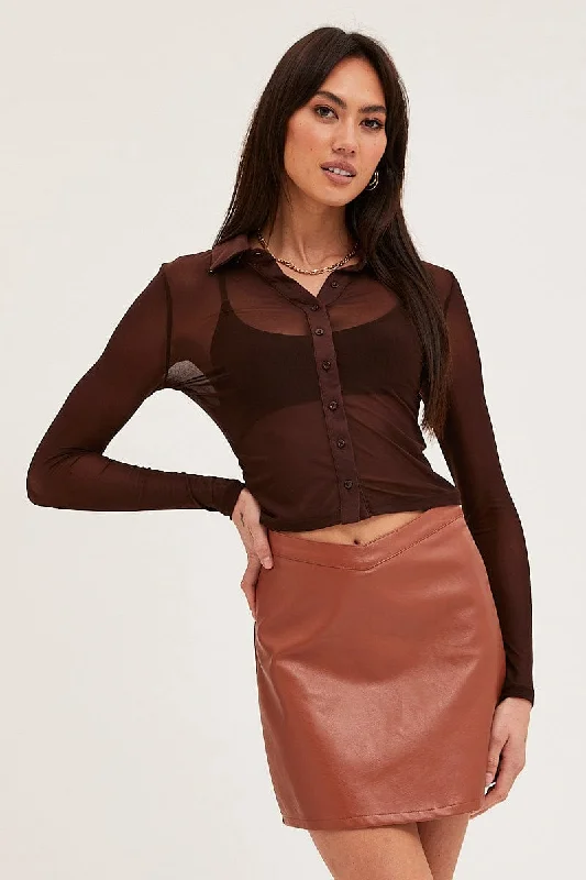 Brown Button Front Top Long Sleeve Mesh