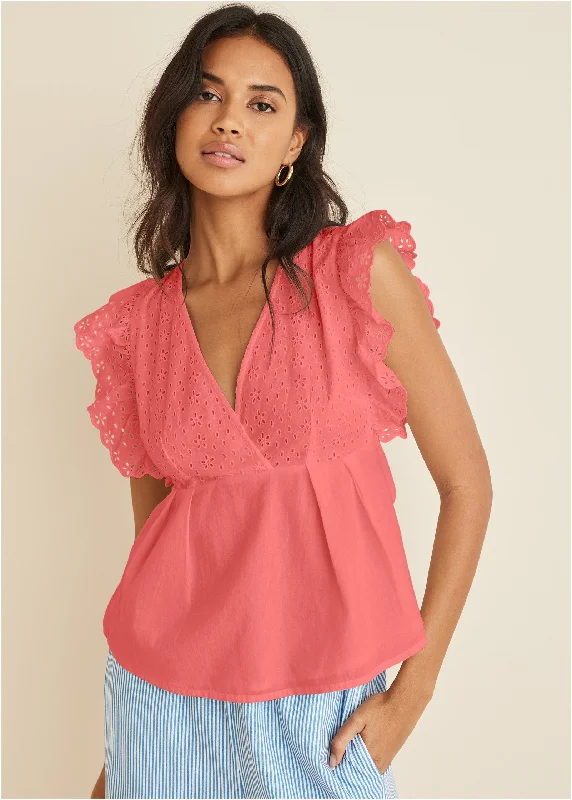 Eyelet Ruffle Tank - Coral